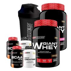 Kit 2x Giant Whey 900g + 2x BCAA 4,5 100g + 2x Creatinas 100g + Coqueteleira - Bodybuilders Sabor Chocolate e Morango