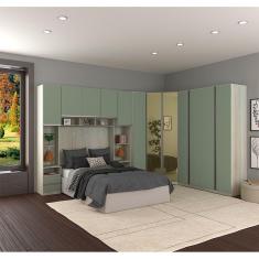 Guarda Roupa Canto Casal com Vidro Reflecta Legno Crema com Verde Jade Prime Luciane Móveis
