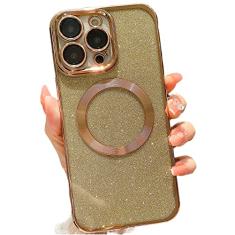 wahhle Capa de celular projetada para iPhone 14 com glitter magnético, revestimento luxuoso, linda capa de telefone brilhante, compatível com Magsafe para mulheres e meninas com protetor de câmera