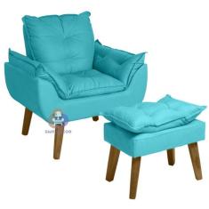 Poltrona/Cadeira Decorativa E Puff Glamour Azul Turquesa Com Pés Quadr