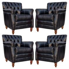 Kit 04 Poltronas Decorativas Sala de Estar Níger Pés Madeira Couro Pre