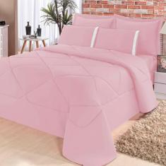 Kit Edredom + Lençol Aconchego Dupla Face Casal Padrão 6 Pçs - Rosa - 