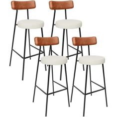 Kit 04 Banquetas Alta Cozinha Sala Jantar Milão L02 Couríssimo Camel Linho Champagne