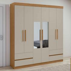 Guarda-Roupa 6 Portas 4 Gavetas Zeus com espelho Amêndoa Clean/Off White