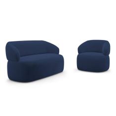 Kit Poltrona Giratória e Sofá Orgânico Living Glee 02 Lugares 140cm Veludo Azul Marinho - Desk Design