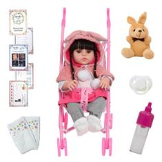 Boneca Bebê Tipo Reborn Com Carrinho Pijama Coelhinho 46cm - Cegonha R