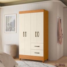 Guarda-Roupa Solteiro Palumóveis Mobi com Cabideiro, 4 Portas de Bater e 2 Gavetas, Cinamomo e Off White - 98cm de Largura