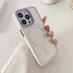 Capa de telefone transparente magnética de luxo para iPhone 14 13 12 11 Pro Max Skin Feel Laser Metal Camera Protection Capa de acrílico macio, verde claro, para iPhone 14 Plus