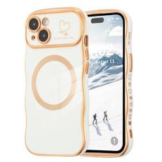 ZTOFERA Capa magnética para iPhone 14 de 6,1 polegadas, linda capa ondulada encaracolada com estampa de coração de amor, borda banhada de luxo, proteção total para câmera, à prova de choque, capa de