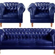 Conjunto Sofá Chesterfield 3 Lugares + 2 Poltronas Dom Pedro Azul