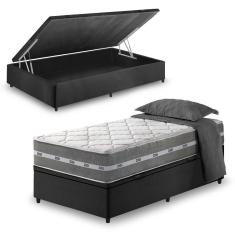 Cama Box Baú Solteiro King + Colchão Molas Ensacadas Miami Cinza Com Preto