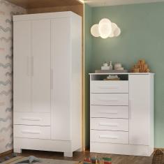 Quarto Infantil Completo Guarda Roupa 3 Portas 2 Gavetas com Cômoda Atena Espresso Móveis Branco