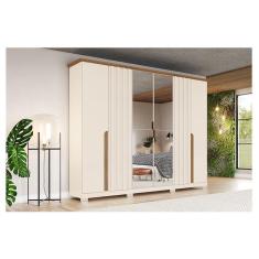 Guarda Roupa Casal Napoli 6 Portas de Bater 6 Gavetas MDP e MDF com Espelho Off White Nature Móveis Henn