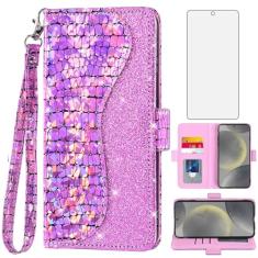 Asuwish Capa de telefone para Samsung Galaxy S24 FE 5G capa carteira com protetor de tela de vidro temperado e alça de pulso flip porta-cartões com glitter acessórios para celular S 24 EF S24FE 24S
