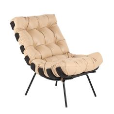 Poltrona Decorativa Costela Base Preta Couro Bege