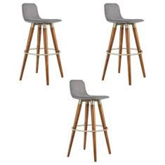 Kit 3 Banquetas Altas Luxo Versatil Aço Champanhe Linho Cinza Base Car