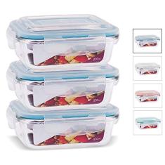 KIT 3 Potes de Vidro Retangular com Tampa Hermética 370ml Cor:Azul (QH)