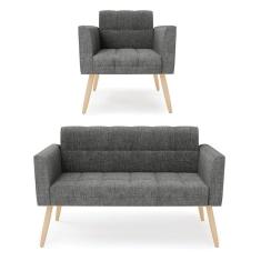 Kit 1 Sofá Namoradeira E 1 Poltrona Elisa Linho Pés Palito Natural - D`rossi Cor A26 Grafite