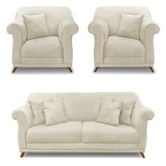 Kit 2 Poltronas e Sofá Living 2 Lugares 1,60m Vênus Veludo Pés Castanh