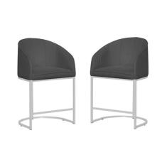 Kit  02 Banco Banqueta Poltrona Mia Base Metal Branca Suede - Fina Mob