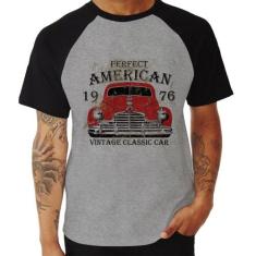 Camiseta Raglan Vintage Classic Car - Foca na Moda, Cinza, Preto, GG