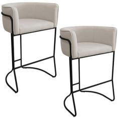 Kit 02 Banquetas Alta com Encosto Betina Base Preto Poliéster Off Whit