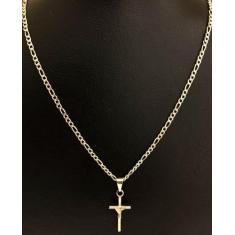 Corrente Masculino Folheada A Ouro 18k Cordão 2mm 60cm + Pingente Cruz