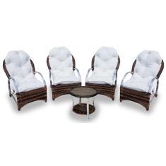 Conjunto de Poltronas Fibra Sintética Paris Alumínio - 4 Poltronas + 1 Mesa Centro - Tecido Duna Cru