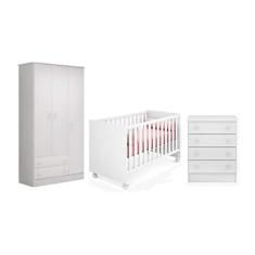 Guarda Roupa 3 Portas, Berço e Cômoda 4 Gavetas Branco - Qmovi