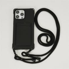 Capa de cordão para iPhone 15 14 12 13 11 Pro Max Mini XS X XR 8 7 Plus Suporte para slot de cartão à prova de choque, capa de alça de colar crossbody, preta, para iPhone 7 8