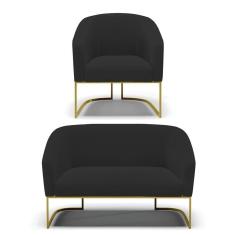 Sofá Namoradeira E Poltrona Base Industrial Dourado Stella Veludo Preto D03 - D`rossi