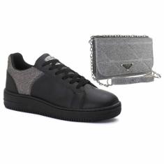 Kit Tênis Branco Feminino e Bolsa Balada Casual - classek, Preto, 38