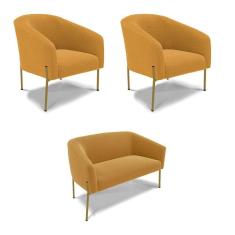 Namoradeira E 2 Poltronas Pé Ferro Dourado Stella Bouclê Mostard D03 - D`rossi