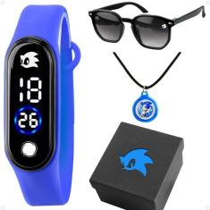 Relogio Infantil Digital Sonic + Oculos Sol + Colar + Caixa Kids Azul Presente Led Qualidade Premium