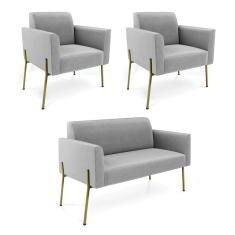 Sofá Namoradeira e 2 Poltronas Pé de Ferro Dourado Marisa Suede Cinza D03 - D`Rossi