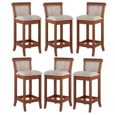 Kit 6 Banquetas Média Estofada Encosto Mônaco 36x90Cm Bancada Madeira Maciça Linho Bege M58 - RMI