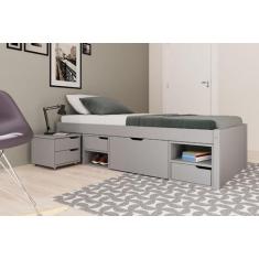 Cama Solteiro Madeira Maciça com 3 Gavetas e 1 Mesa de Cabeceira Charm