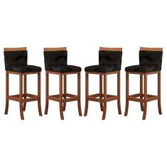 Kit 4 Banquetas Alta Encosto Estofado 38x102 Cm Paris Madeira Maciça Castanho Suede Preto CCS