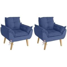 Kit 02 Poltrona/Cadeira Decorativa Glamour Azul Marinho Com Pés Quadra