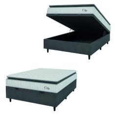 Cama Box Baú Colchão Casal Molas Ensacadas City Pillow Top 138x188x64cm Branco / Preto Hellen - Suporta até 110kg por Pessoa
