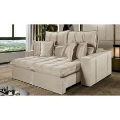 Sofá 4 Lugares Retrátil e Reclinável México Veludo com Molas Ensacadas Bege Marfim