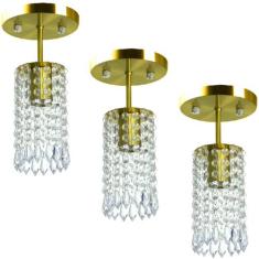 Kit 3 Lustres Clearcrillic Cristal Acrílico Redondo Dourado - MARRYLUZ