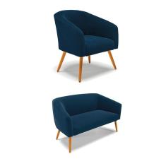 Sofá Namoradeira E Poltrona Pé Palito Castanho Stella Bouclê Azul D03 - D`rossi