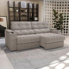 Sofá 260 Cm Com Porta Copos Retrátil E Reclinável Premier Cinza Claro