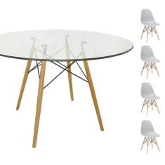 Conjunto Mesa Eames Eiffel Redonda Vidro 90cm + 4 Cadeiras Eames DSW -