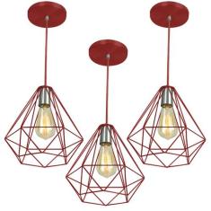 Kit 3 Pendentes Diamante Aramado Grande Vermelho - MARRYLUZ