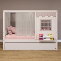 Bicama Casinha Reta Com Cortina Madeira Maciça Branco- Rosa Housin