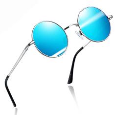 Joopin Óculos de Sol Redondo Masculinos Femininos Polarizado, Pequeno Círculo Hippie Vintage Retrô Steampunk Metal Óculos de Sol (Azul)