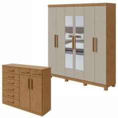 Conjunto de Guarda-Roupa 6 Portas com Espelho e Pés Jazz e Cômoda Toronto Amêndoa Clean/Off White