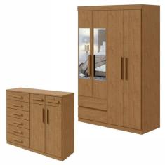 Conjunto de Guarda-Roupa 4 Portas 2 Gavetas Zeus com Espelho e Cômoda 8 Gavetas 2 Portas Toronto Amêndoa Clean